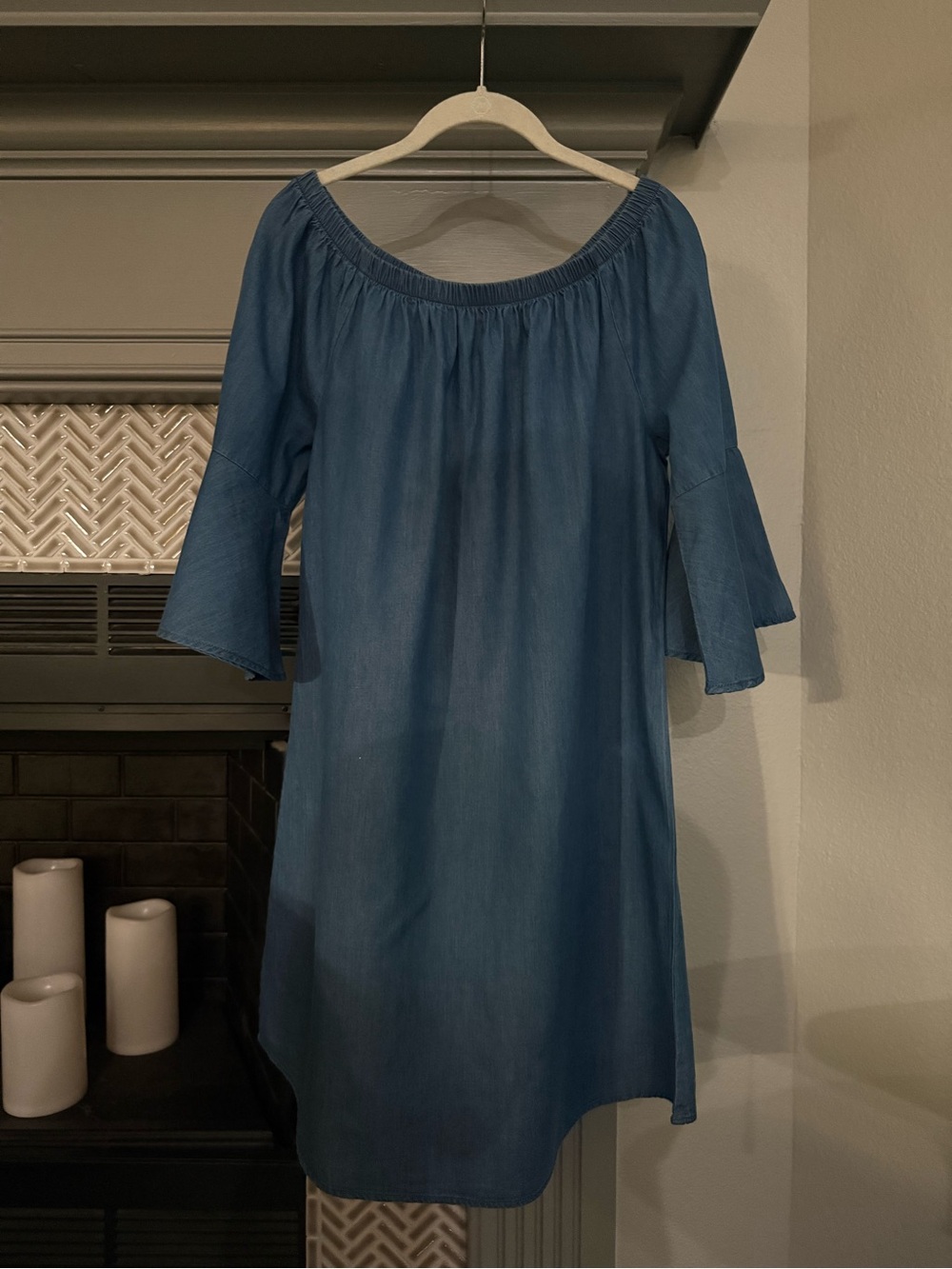 Women's Off-Shoulder Blue Chambray Dress with Flared Sleeves